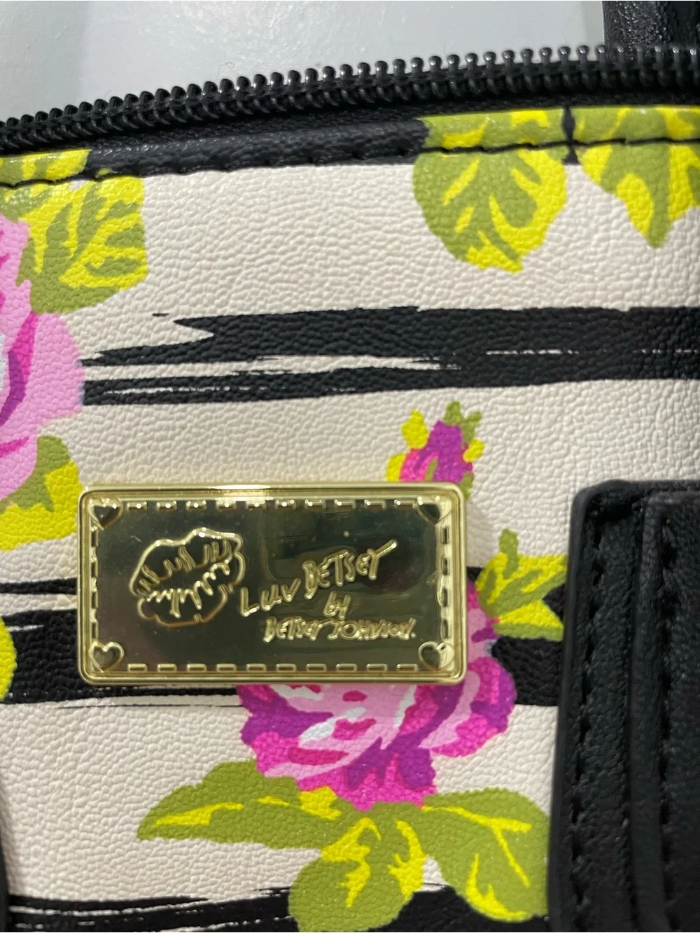 Betsey Johnson Striped Rose Floral Satchel Handbag w/Pom Pom (No Crossbody Strap
